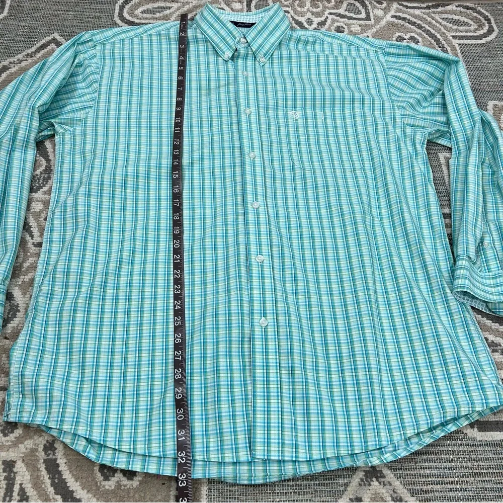 Wrangler George Straight Button Down Turquoise Plaid Contrast Trim Dress Shirt